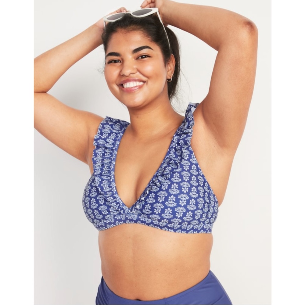 Old Navy Seaborne Floral Bikini Top Ruffle Plunge Neck Swim Top Blue Plus Size